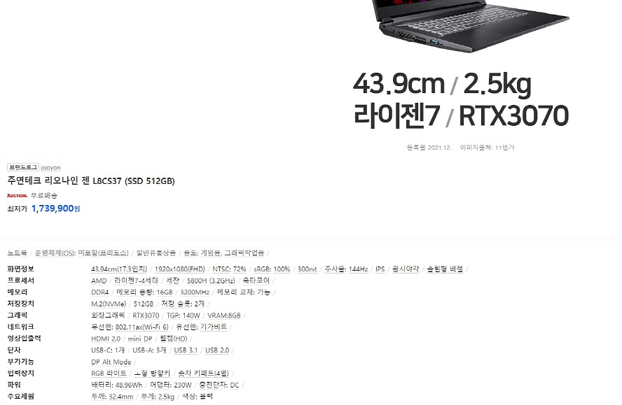 리오나인 17.3인치 고성능 게이밍 노트북/3070--9
