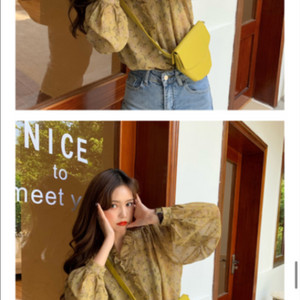 살랑 벌룬 플라워 프릴 셔링 쉬폰 블라우스 옐로우