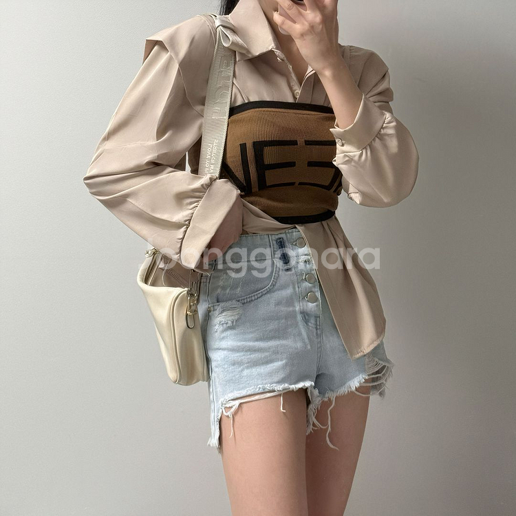 어깨패드 소매핀턱 히든단추 블라우스 셔츠--9