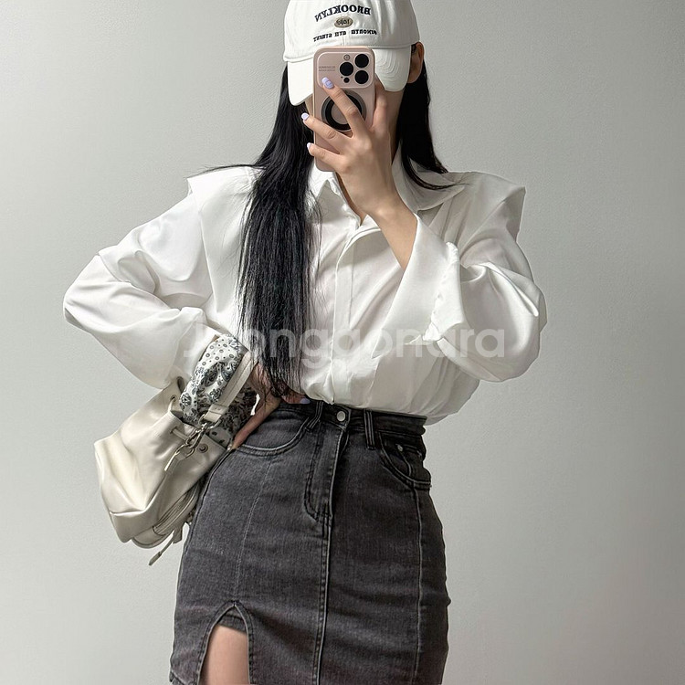 어깨패드 소매핀턱 히든단추 블라우스 셔츠--5