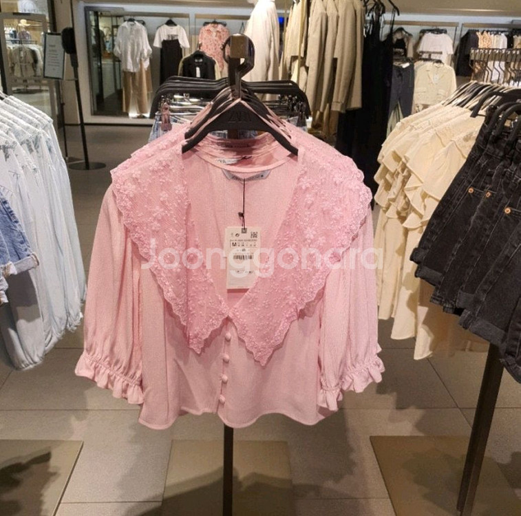 ZARA 자라 레이스카라 반팔 블라우스 핑크 XS--1