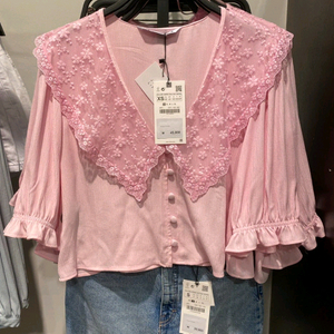 ZARA 자라 레이스카라 반팔 블라우스 핑크 XS