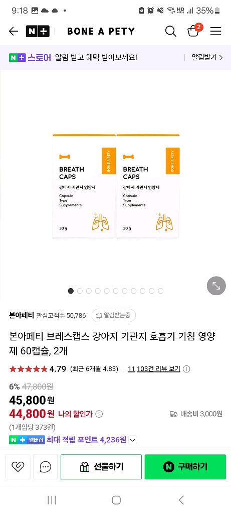 본아페티 브레스캡스 강아지 호흡기 기침 영양제 2개--0