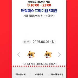 6/1(일)롯데월드 매직패스 5회권