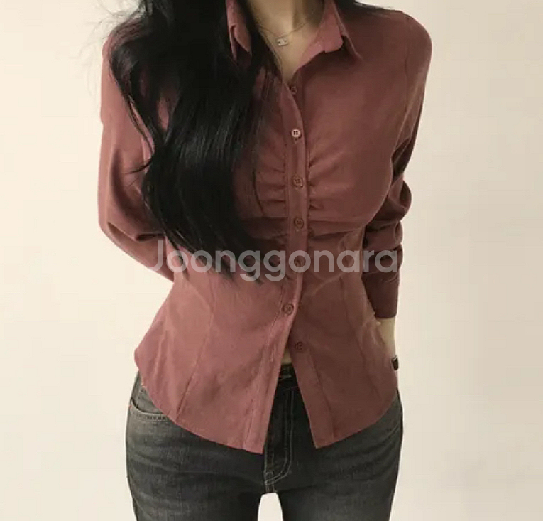 에이블리 스웨이드 셔링 카라 여리핏 긴팔 셔츠--0
