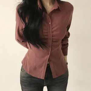 에이블리 스웨이드 셔링 카라 여리핏 긴팔 셔츠
