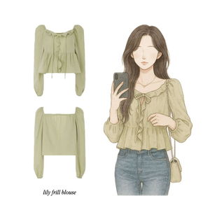 제니오 릴리 프릴 블라우스 올리브
