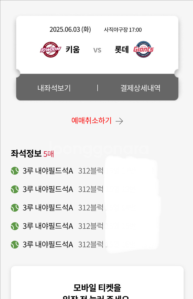 6월3일 롯데자이언츠 키움 3루내야필드석 5연석--1