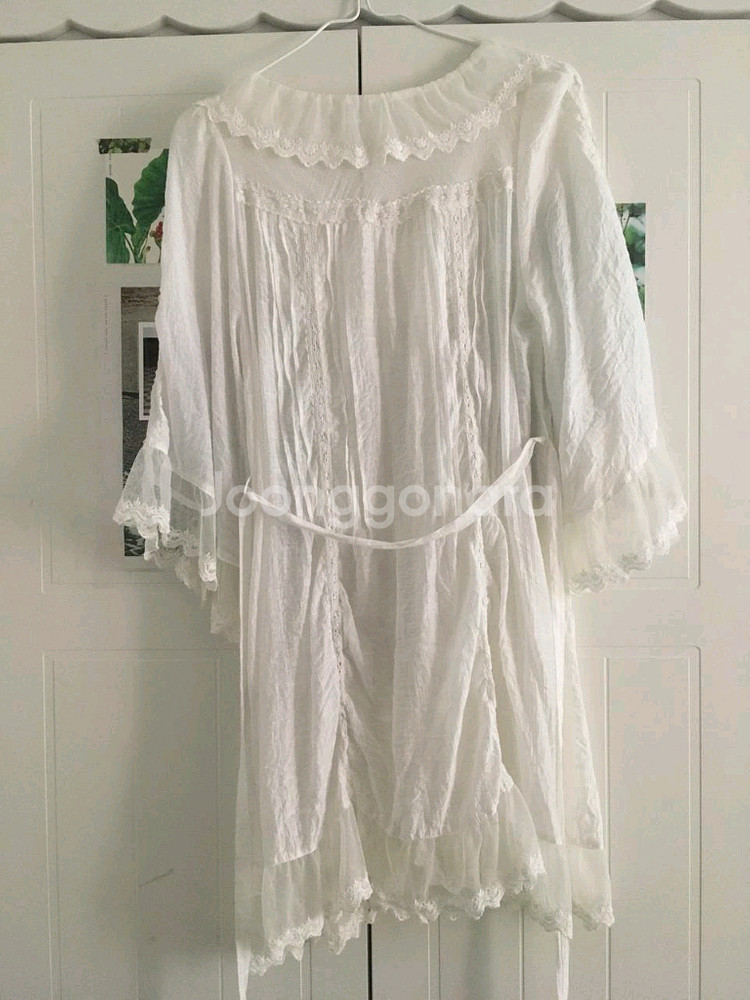 빈티지 화이트 프릴 레이스 원피스 가디건 블라우스--5