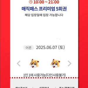 6월 7일 (토) 롯데월드 매직패스 5회권 2매