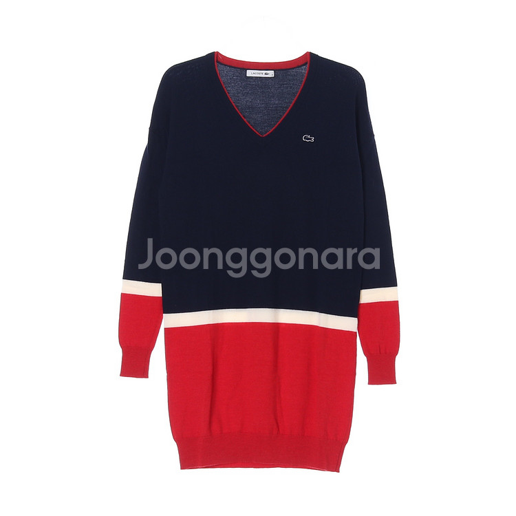 [S]라코스테 울100% 네이비 레드 배색 브이넥 니트--0