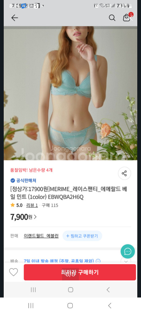 에블린 MERIME 민트 레이스 노라인팬티 90~95M--5