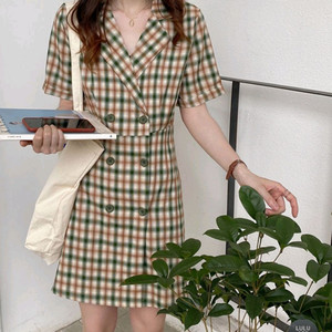 투버튼 체크 카라 원피스s