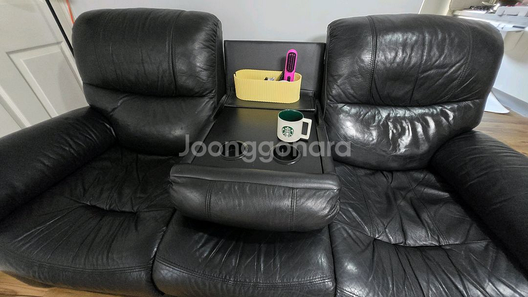 루가노 3인용 가죽 리클라이너 수동 블랙 쇼파--0