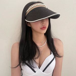 진주 밀짚 모자 밀짚 선캡 여름 바캉스 모자