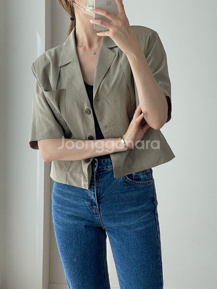 (F) 카키 린넨 반팔 크롭 자켓 한번 착용--1