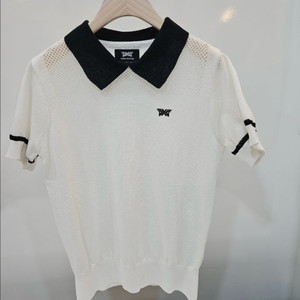 PXG 25SS 여성 시스루 숏 슬리브 니트 카라티