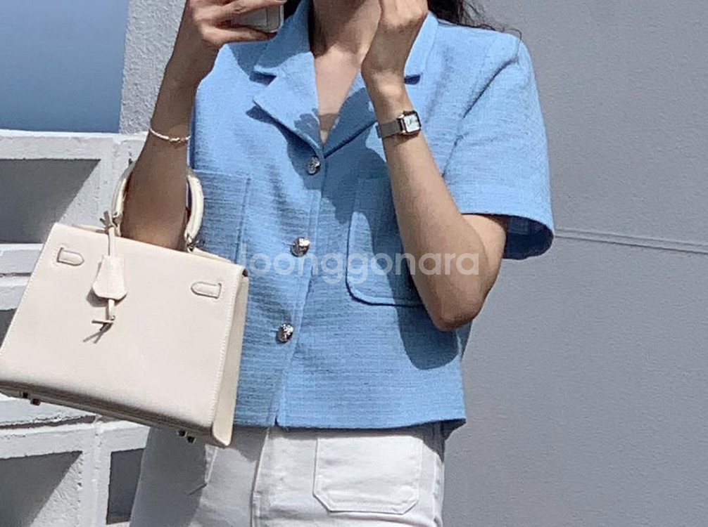 데일리디폴트 하늘색반팔 트위드자켓 새거--0