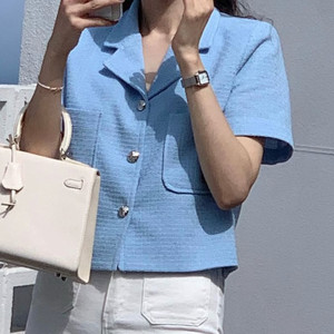 데일리디폴트 하늘색반팔 트위드자켓 새거