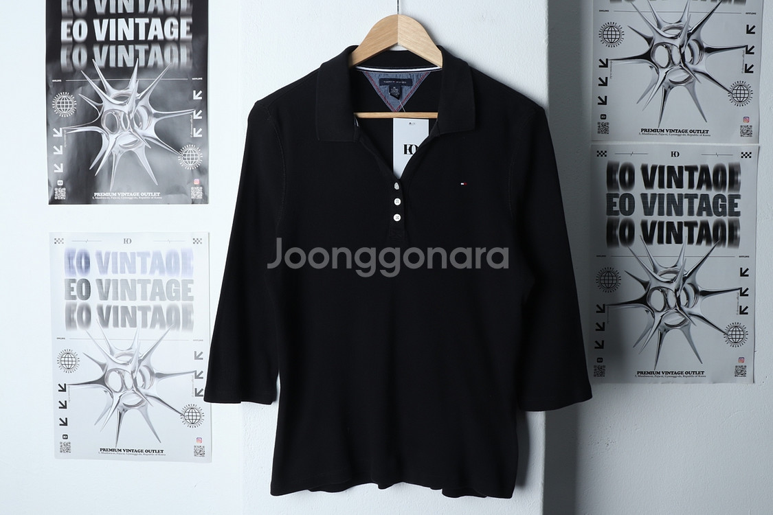 W(XL) 타미힐피거 반팔 카라 티셔츠 부 니트 블랙--0