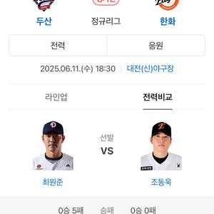 한화 두산 6월11일 3루 내야 지정석 2연석 무료나눔