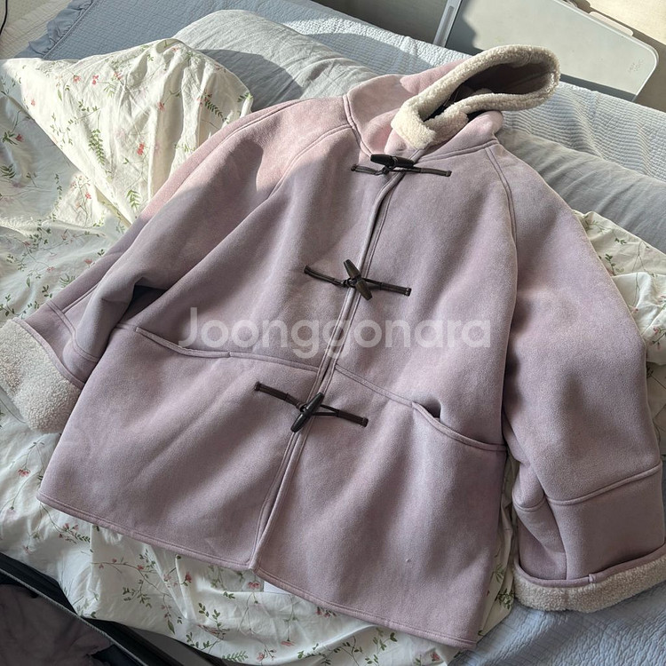 에그카(EGGKA)후드 더플 코트 연보라 무스탕 새상품--0
