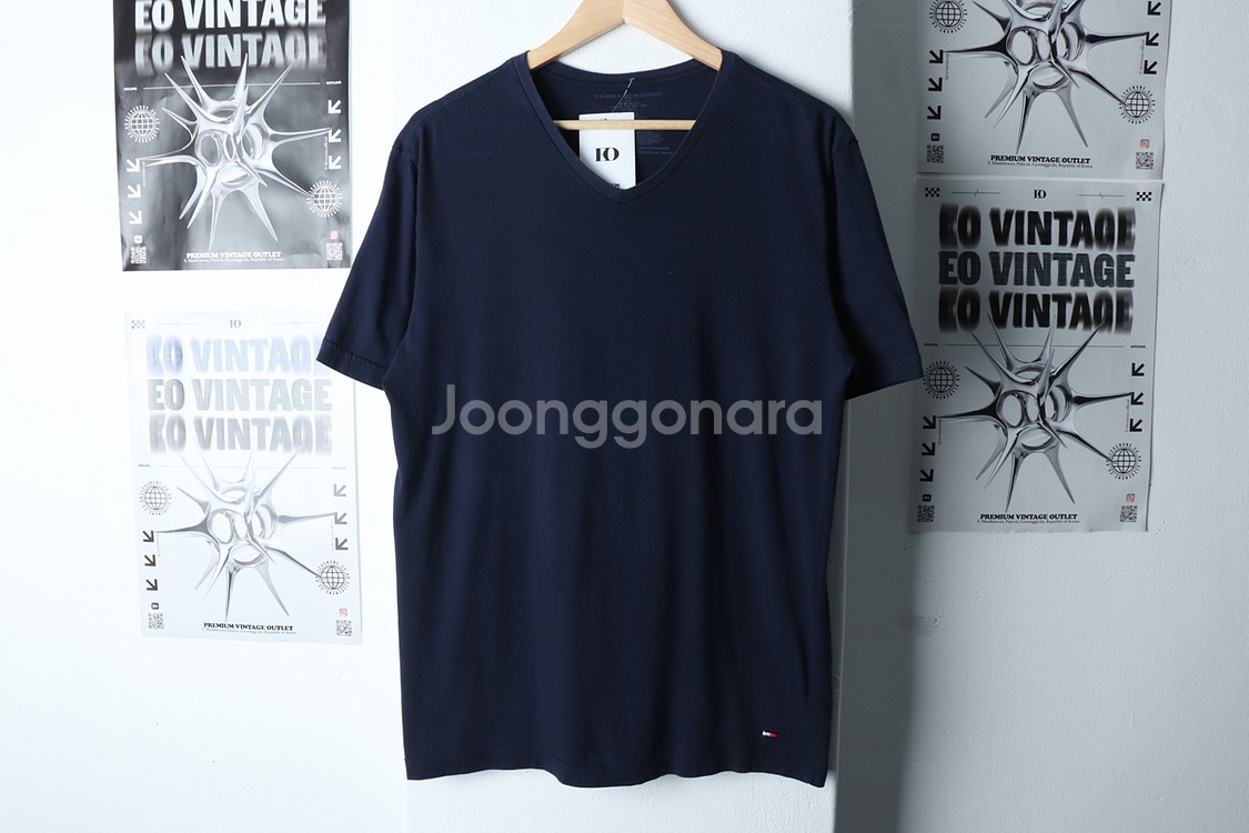 (L-XL) 타미힐피거 반팔 티셔츠 브이넥 네이비--3