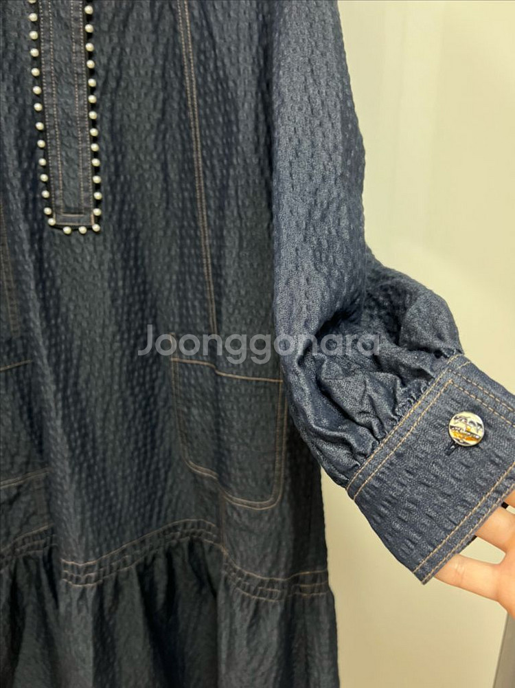 한섬 오즈세컨 진주 카라 데님 느낌 원피스 롱 프릴--4