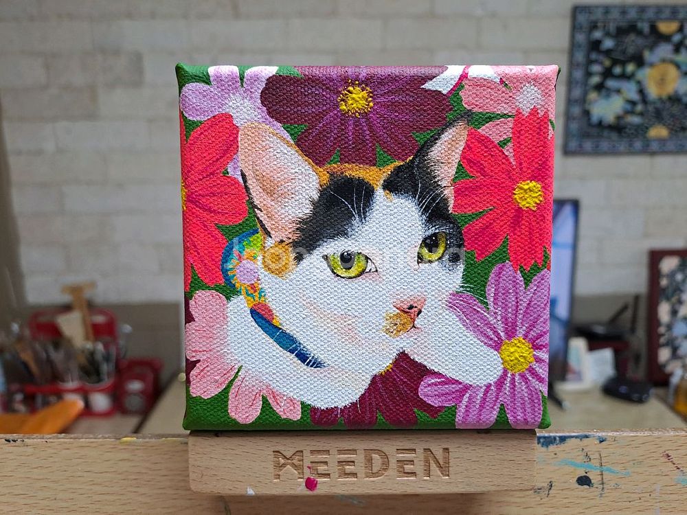 코스모스와 고양이 아크릴 그림입니다--0
