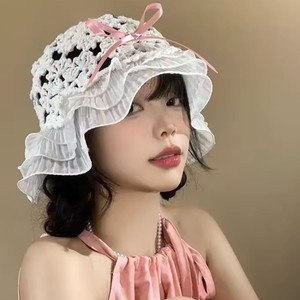 새) 여성 뜨개 니트 레이스 리본 모자 핑크 화이트