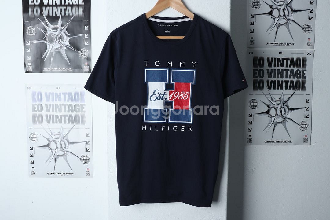 (M) 타미힐피거 반팔 티셔츠 로고 네이비 올드스쿨--1