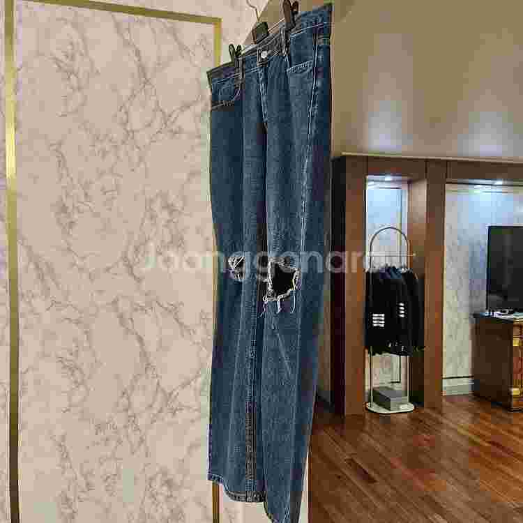 수제) 생지 중청 데미지 와이드 팬츠 (XL/34)--1