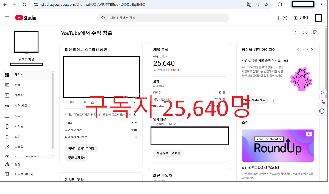 25,600구독자 유튜브 채널 (쿠팡파트너스,수익창출)--0