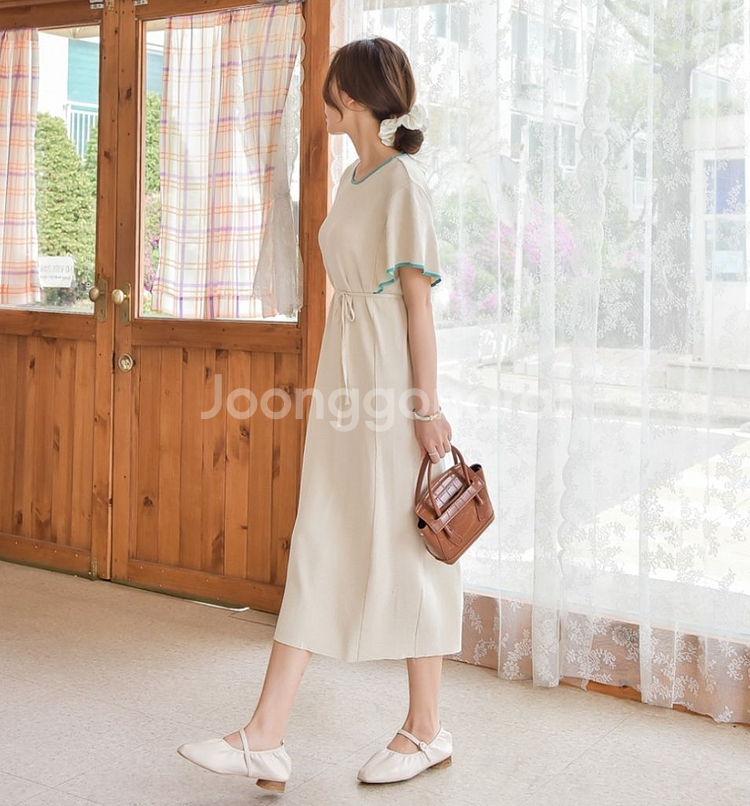 새상품) 반팔 날개 소매 벨트 니트 롱원피스 55~66--2