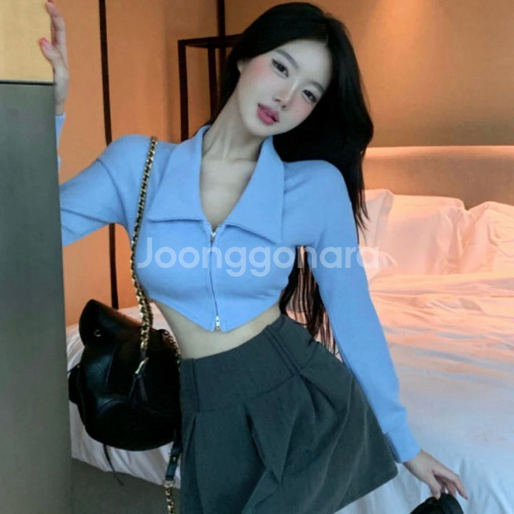 하늘색 투웨이 크롭 카라 집업 긴팔 티 스카이블루--0
