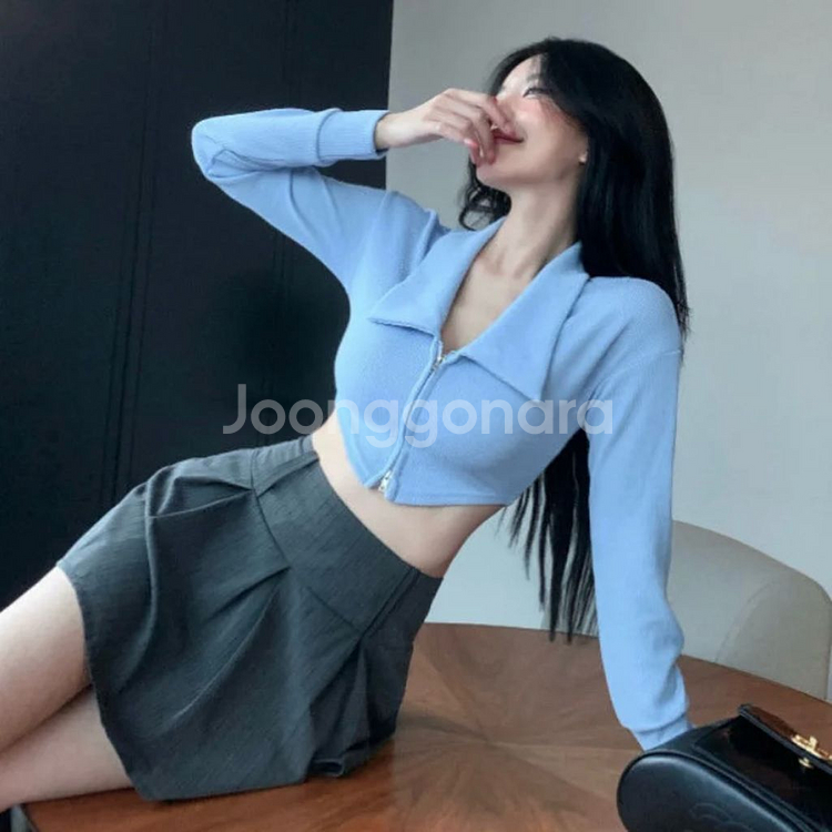 하늘색 투웨이 크롭 카라 집업 긴팔 티 스카이블루--1