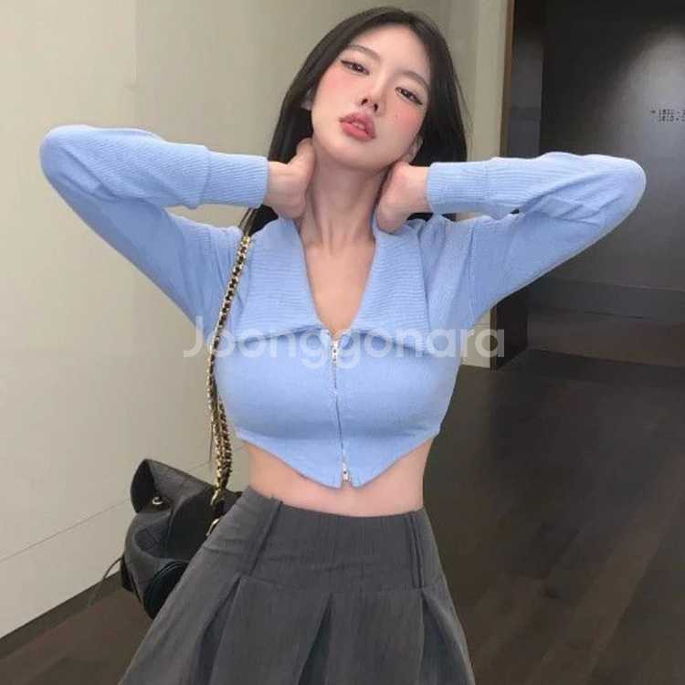 하늘색 투웨이 크롭 카라 집업 긴팔 티 스카이블루--2