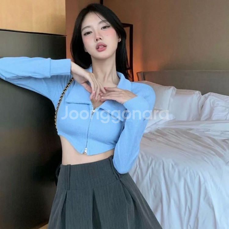 하늘색 투웨이 크롭 카라 집업 긴팔 티 스카이블루--4