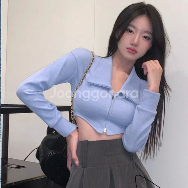 하늘색 투웨이 크롭 카라 집업 긴팔 티 스카이블루--3