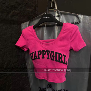 핫핑크 라운드 반팔 크롭티