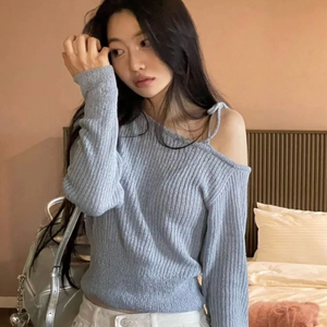 리본 원숄더 부클 시스루 니트