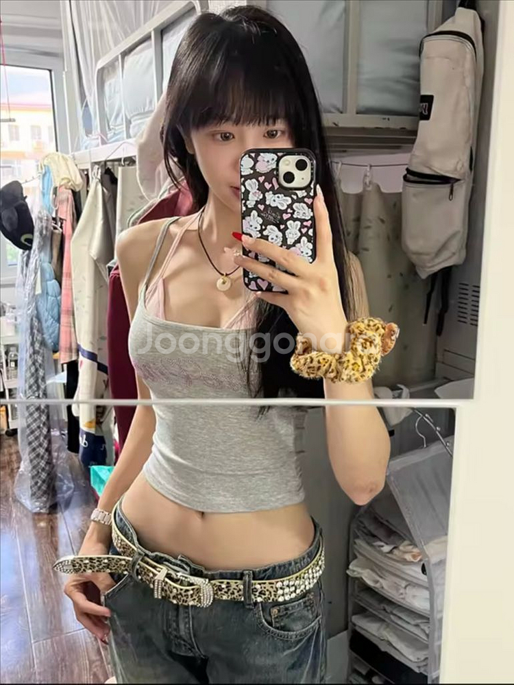 그레이 핑크 캡 내장 크롭 레이어드 끈 나시--0