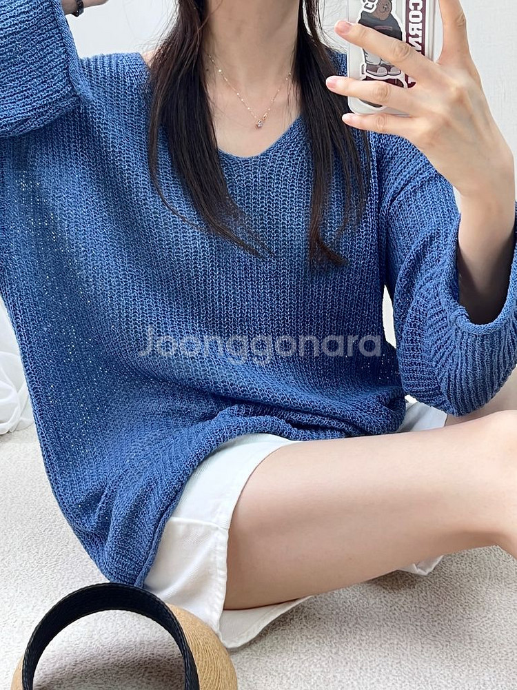 (F) 브이넥 그물 니트 블루 한번 착용--0