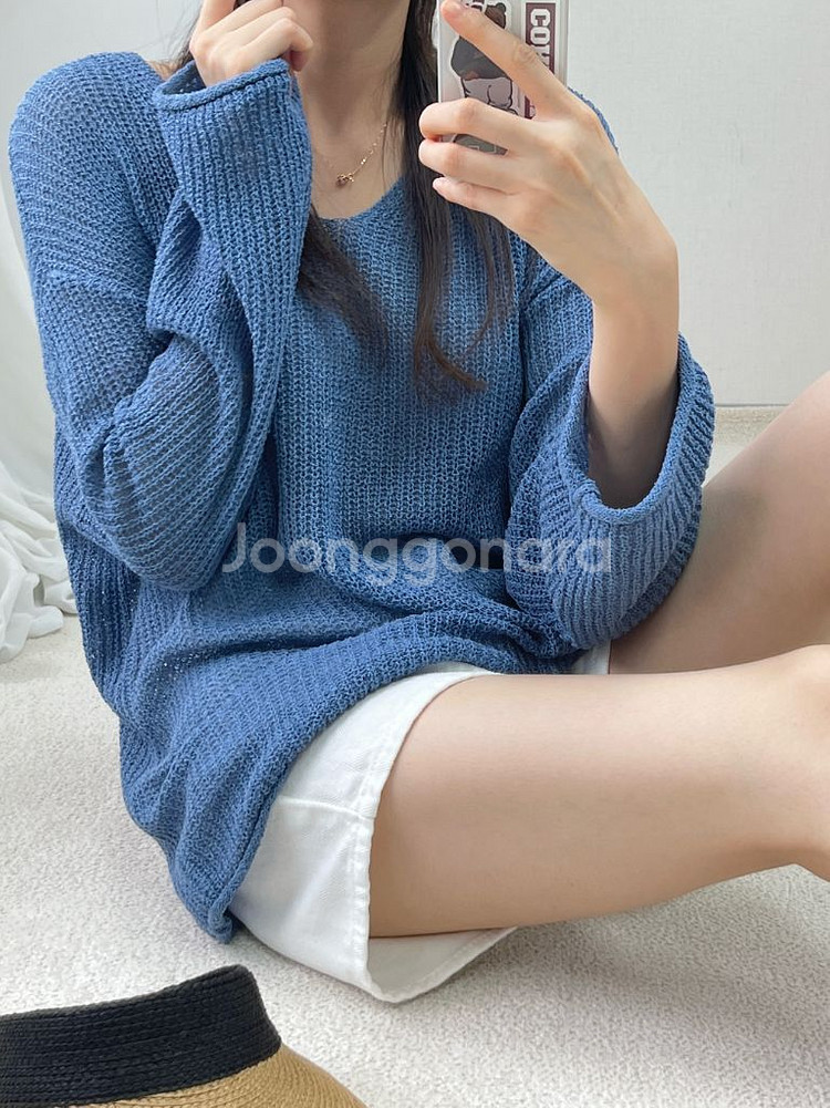 (F) 브이넥 그물 니트 블루 한번 착용--1