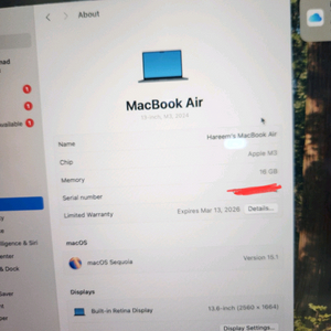맥북에어 M3 16GB 512GB (배터리 100%)