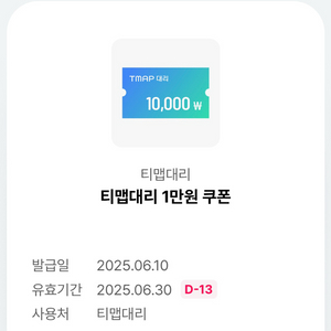 티맵 대리운전 1만원 쿠폰 -> 2천원