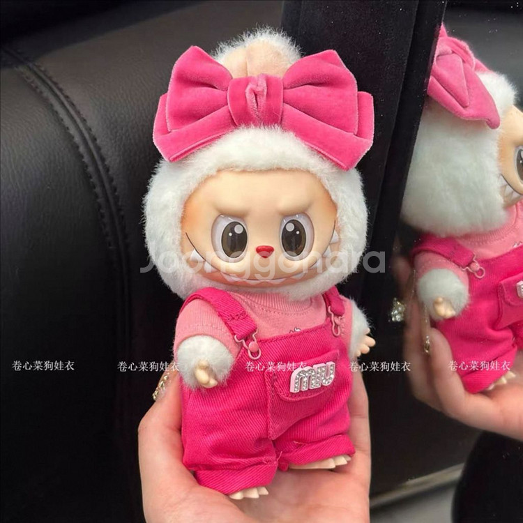 핸드메이드 라부부 인형옷 핑크 멜빵바지 리본 세트--0