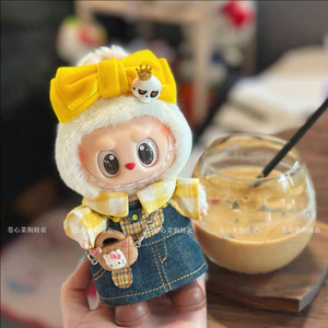 핸드메이드 라부부 인형옷 옐로 리본 데님 멜빵치마 셔츠