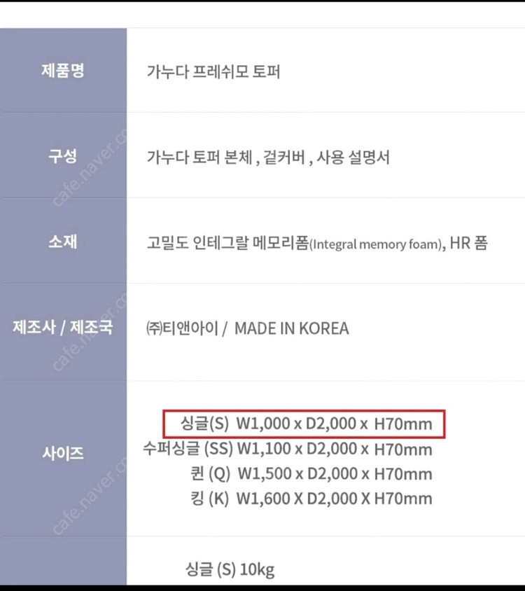 (새제품)최고급 가누다 프레쉬모 토퍼 싱글 7cm.--2