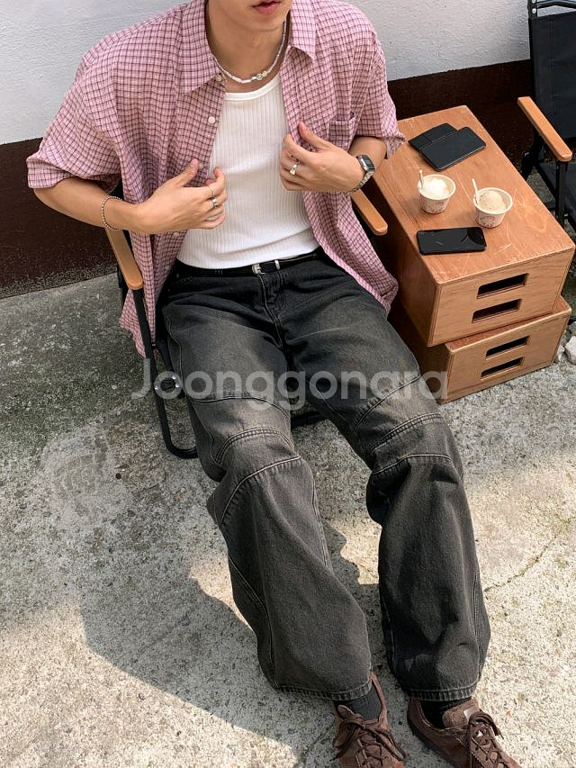 바이커 와이드 데님 팬츠--0